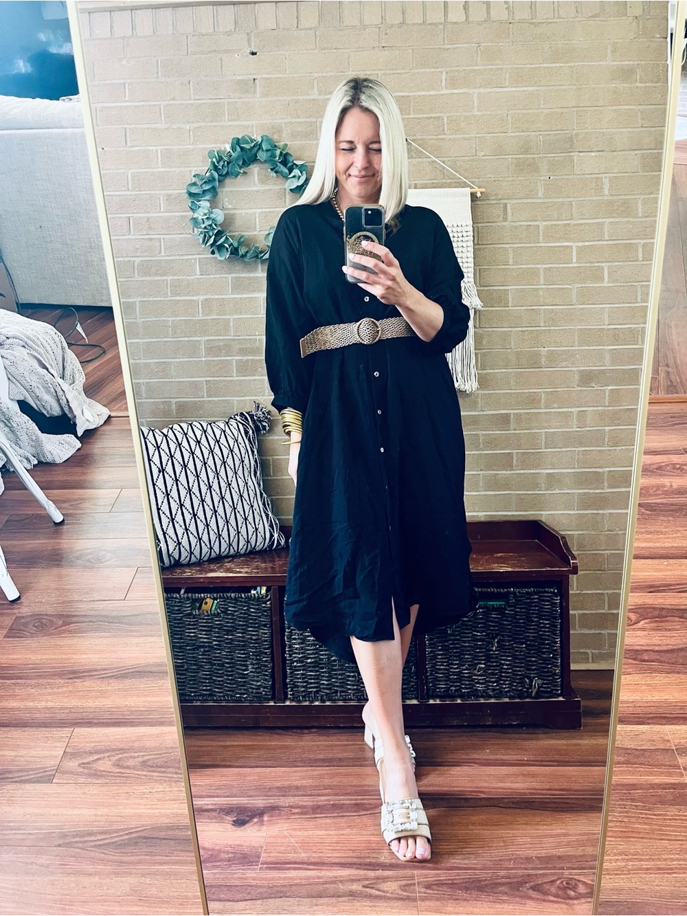 Black Button-Front Midi Dress with Woven Belt